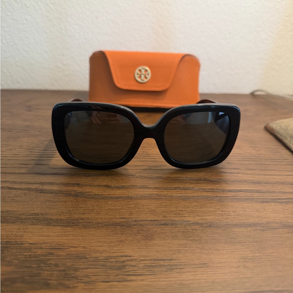 Tory Burch Black Square Sunglasses with Orange Logo Case